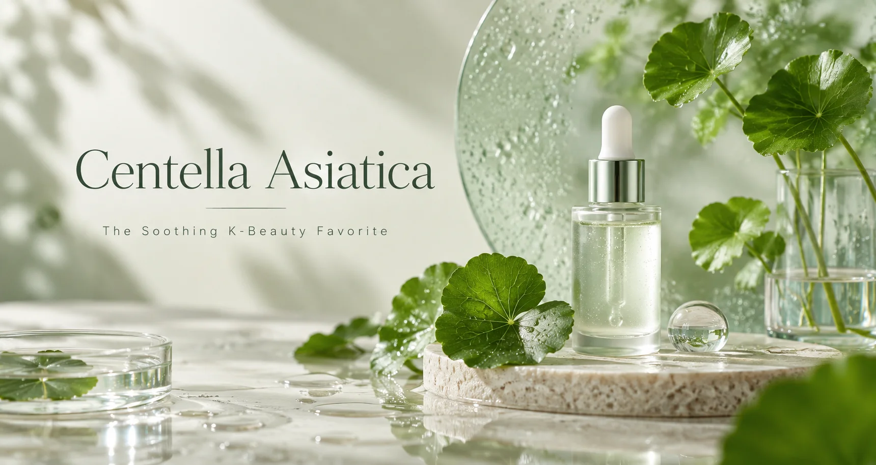 A skincare serum bottle with a dropper placed on a natural stone slab surrounded by fresh Centella Asiatica leaves and a glass orb. Blurred natural greenery in the background enhances the soothing ambiance.
